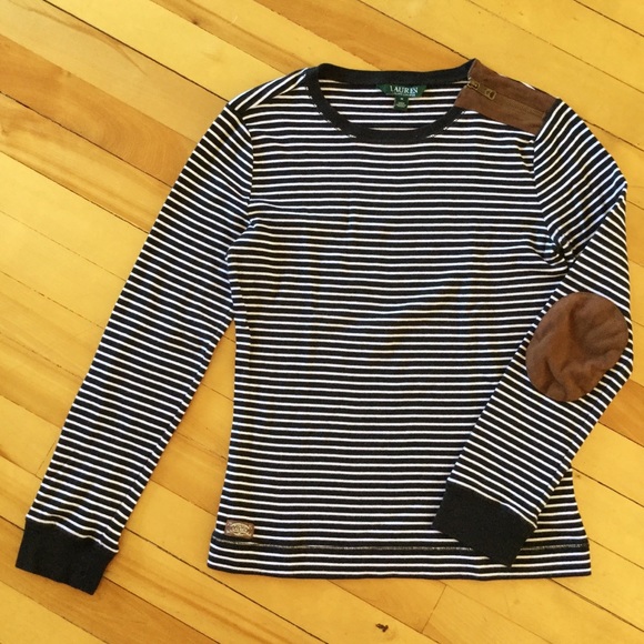 ⛔️SOLD⛔️ LRL Striped B&W Suede Elbow Patch Tee -M - Picture 2 of 8